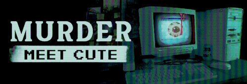 The keyart of Murder Meet Cute, a 3D computer with an eyeball stares at you.